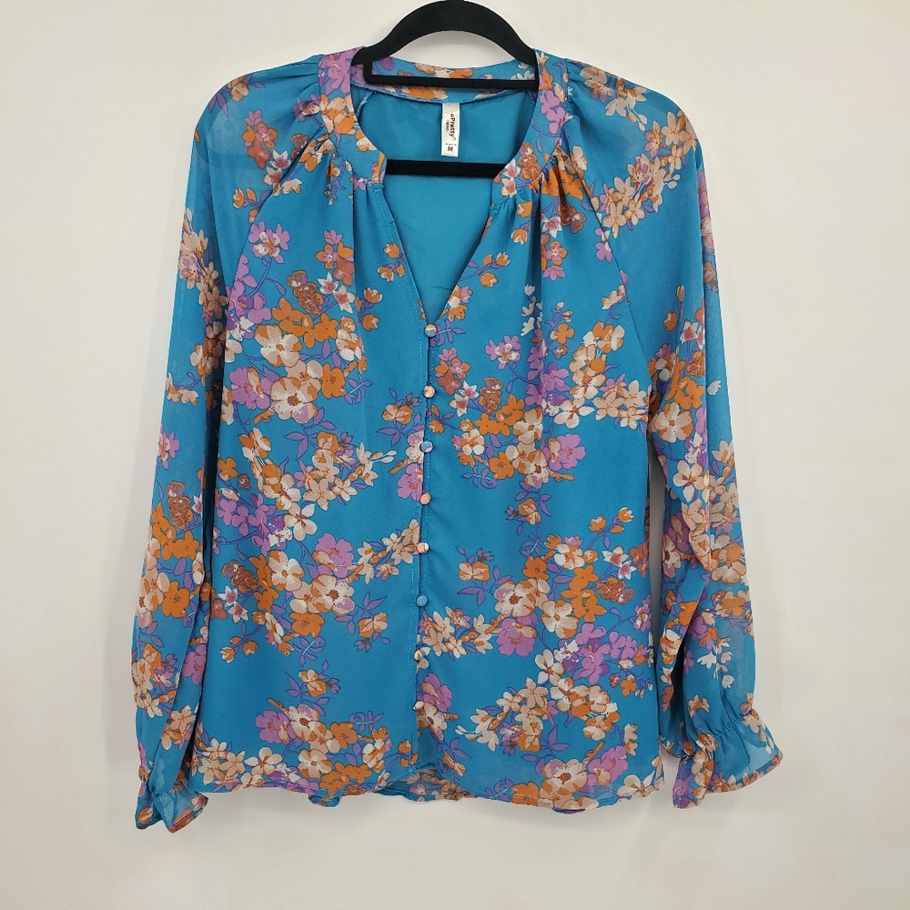 ☆☆ ePretty Split Neck Blue with Yellow Floral Button-Up Blouse Size Medium